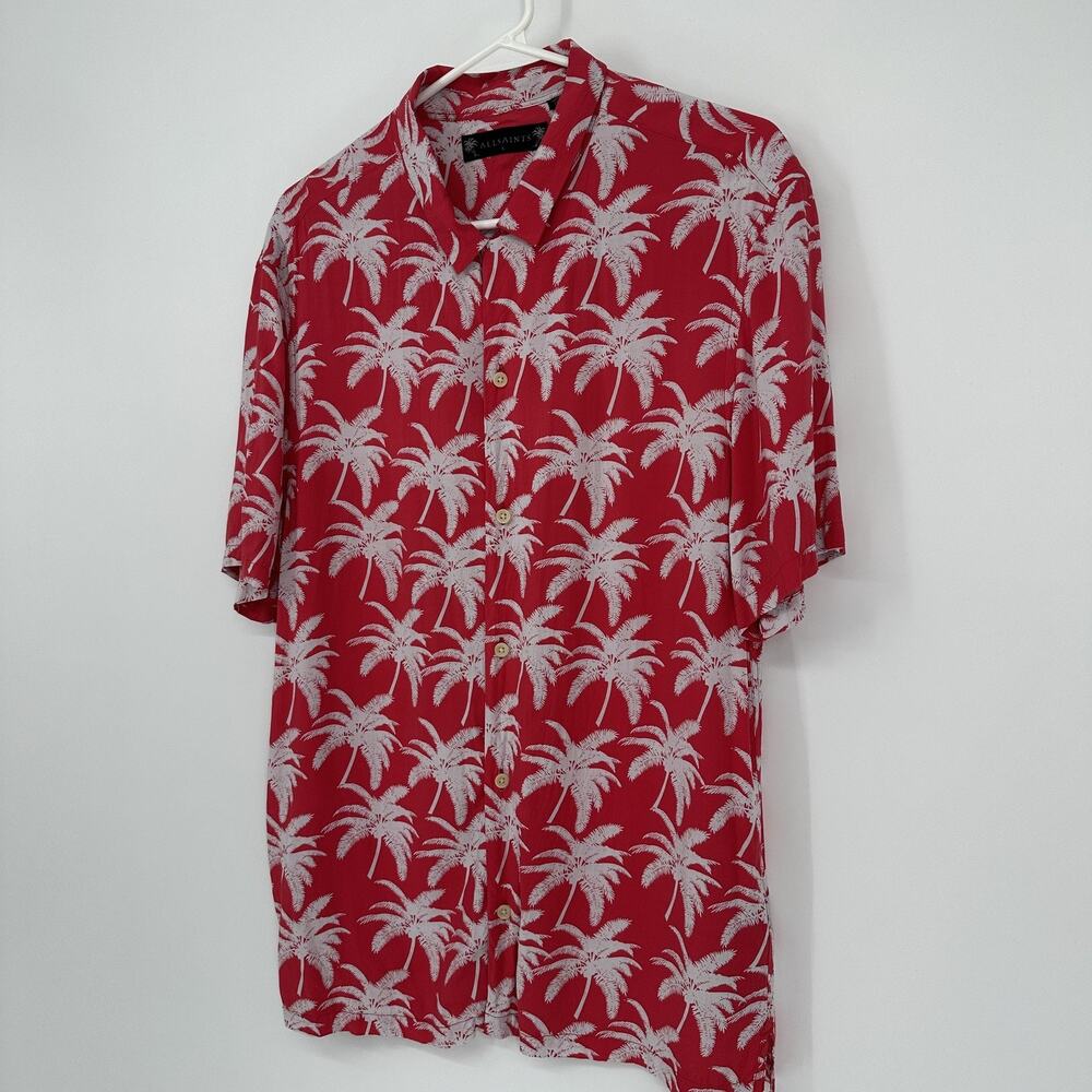 AllSaints Shirt Mens Large Red Palm Tree Hawaiian Camp Button Up Aloha Viscose - Picture 6 of 11